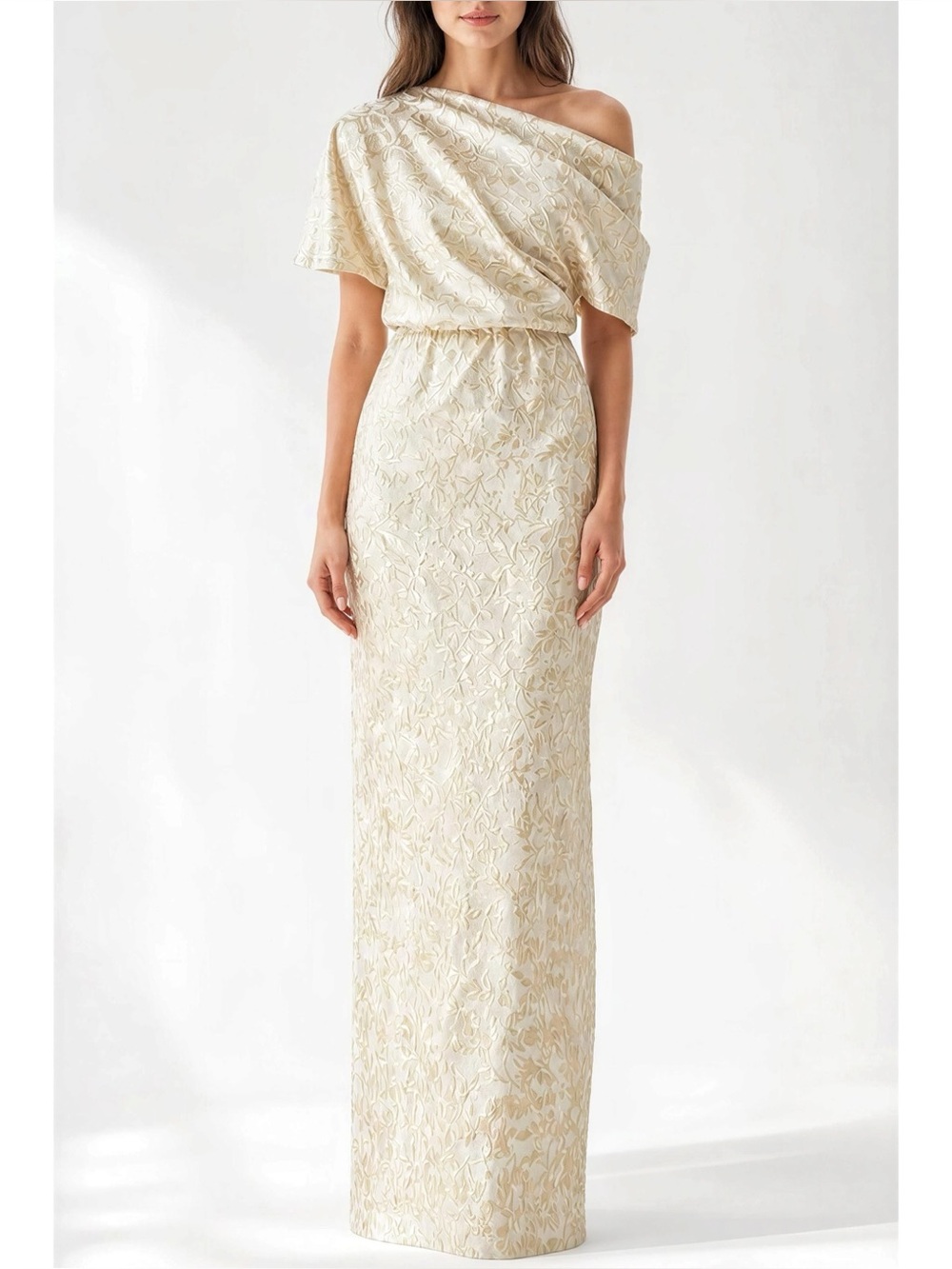 AFTER SIX Camille 6909CFI Asymmetrical Off-The-Shoulder Brocade Gown, Champagne